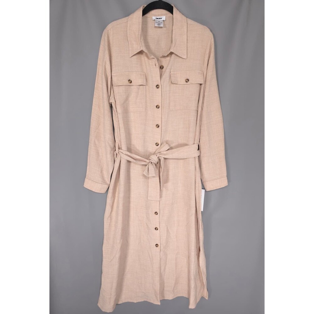 DKNY Womens New Dress Belted 12 Button Front Long Sleeve Beige DD5A8100